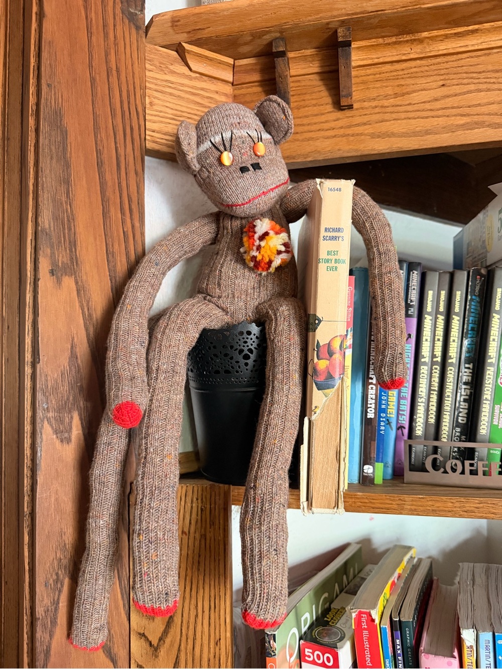 Handmade Brown Sock Monkey kids Wall Decor with Red Accents
